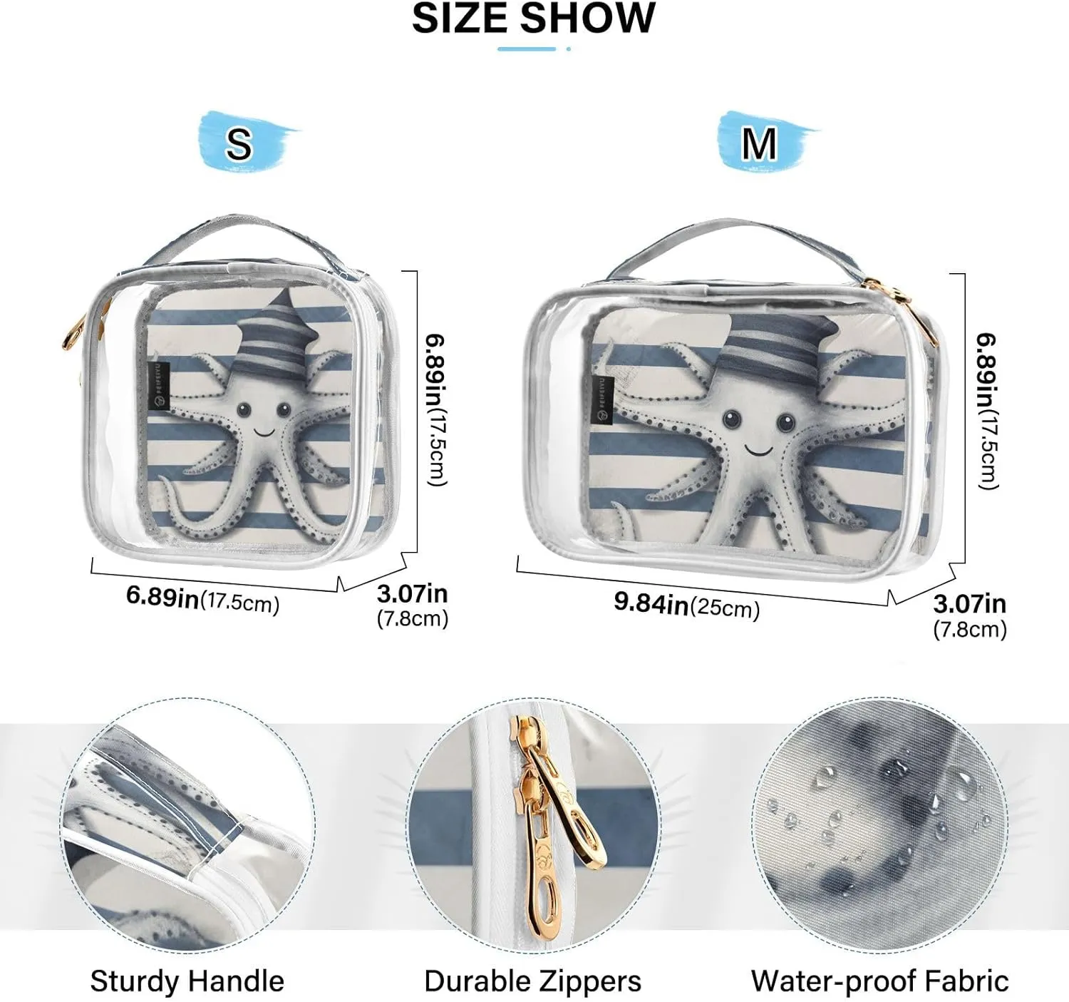 GAIGEO Cute Devilfish Stripes Vintage Nautical Planks 2 Pack Clear Makeup Bag Set, Cosmetic Travel Bag Set, Clear Toiletry Bags for Traveling
