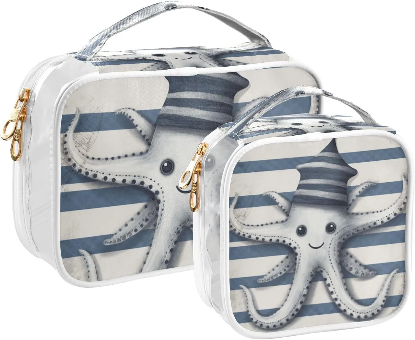 GAIGEO Cute Devilfish Stripes Vintage Nautical Planks 2 Pack Clear Makeup Bag Set, Cosmetic Travel Bag Set, Clear Toiletry Bags for Traveling