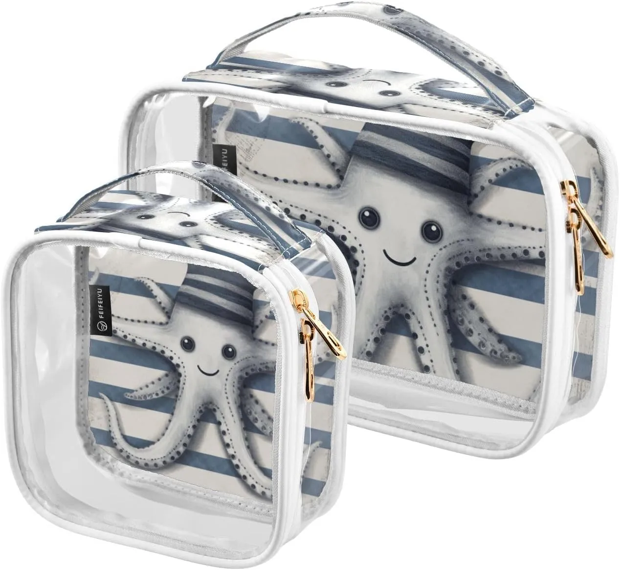 GAIGEO Cute Devilfish Stripes Vintage Nautical Planks 2 Pack Clear Makeup Bag Set, Cosmetic Travel Bag Set, Clear Toiletry Bags for Traveling