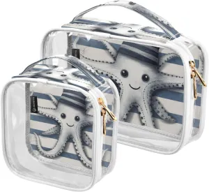 GAIGEO Cute Devilfish Stripes Vintage Nautical Planks 2 Pack Clear Makeup Bag Set, Cosmetic Travel Bag Set, Clear Toiletry Bags for Traveling