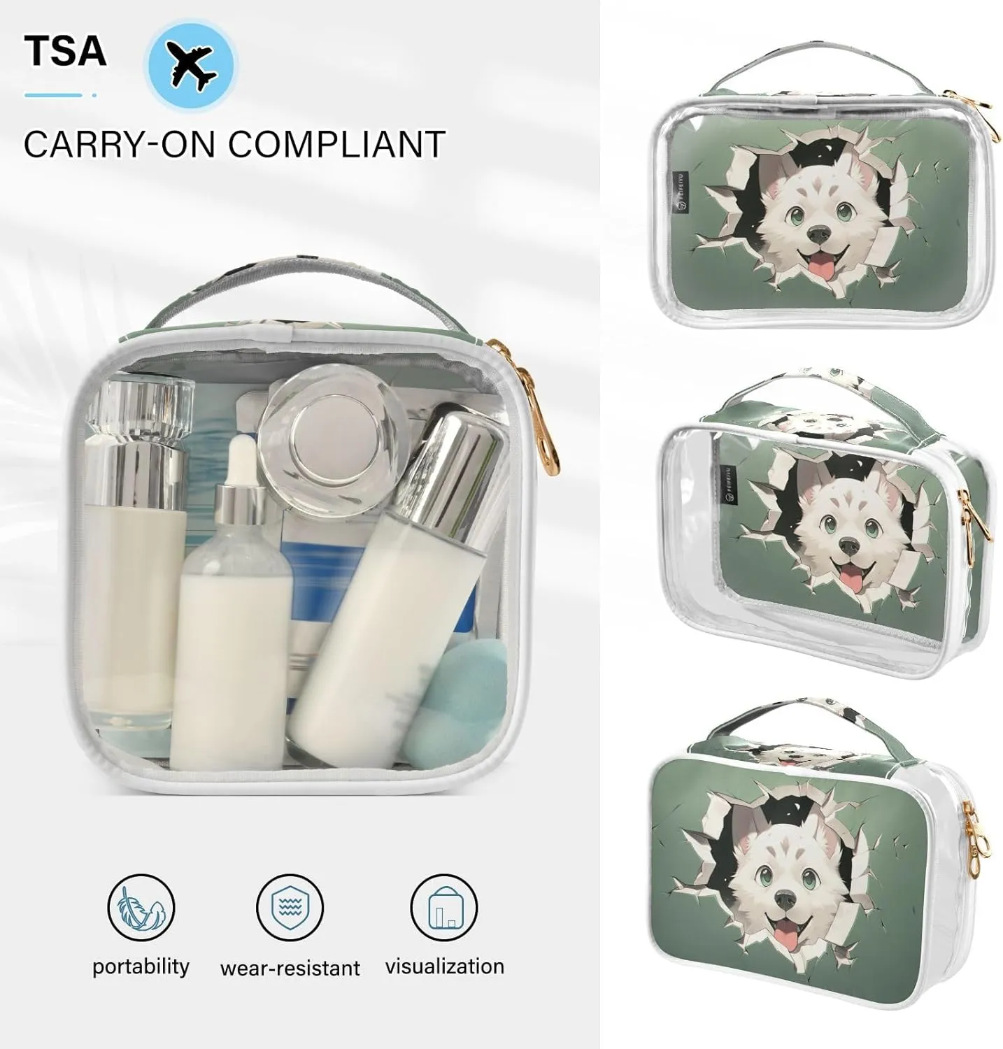 GAIGEO Cute Dog Behind Green Paper Travel Transparent Bag, Transparent Zipper Bag, Travel Accessories Bags, 2 Pack