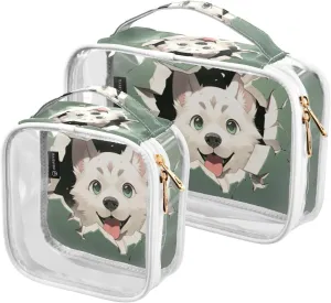 GAIGEO Cute Dog Behind Green Paper Travel Transparent Bag, Transparent Zipper Bag, Travel Accessories Bags, 2 Pack