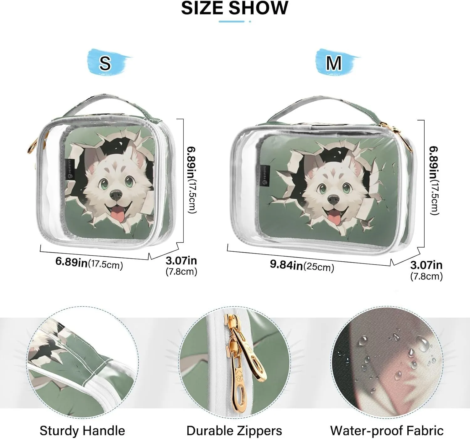 GAIGEO Cute Dog Behind Green Paper Travel Transparent Bag, Transparent Zipper Bag, Travel Accessories Bags, 2 Pack