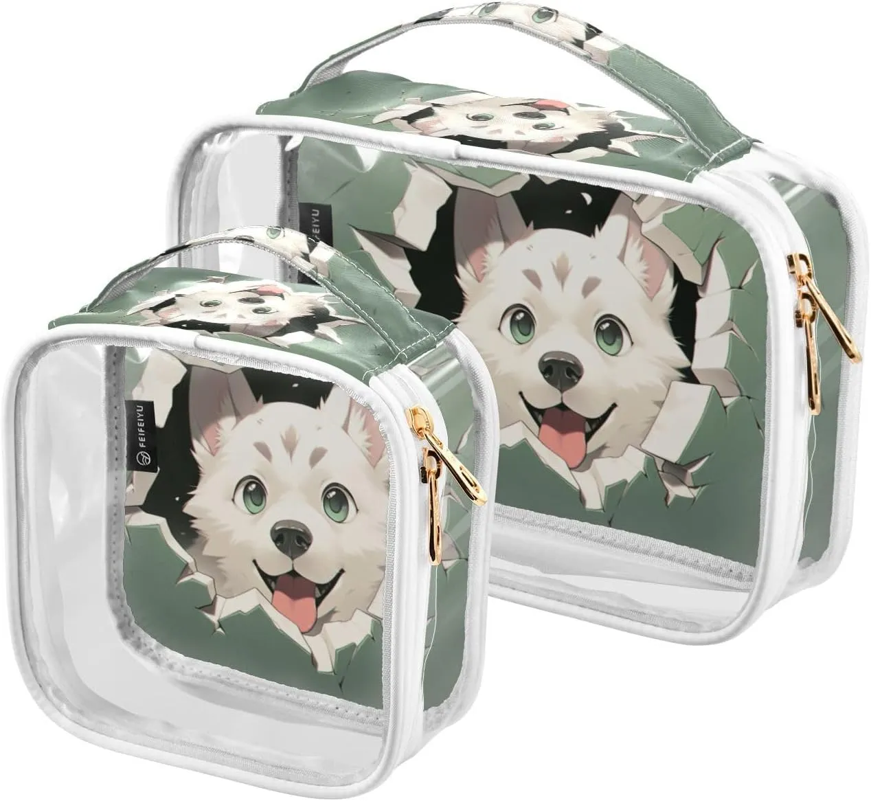 GAIGEO Cute Dog Behind Green Paper Travel Transparent Bag, Transparent Zipper Bag, Travel Accessories Bags, 2 Pack