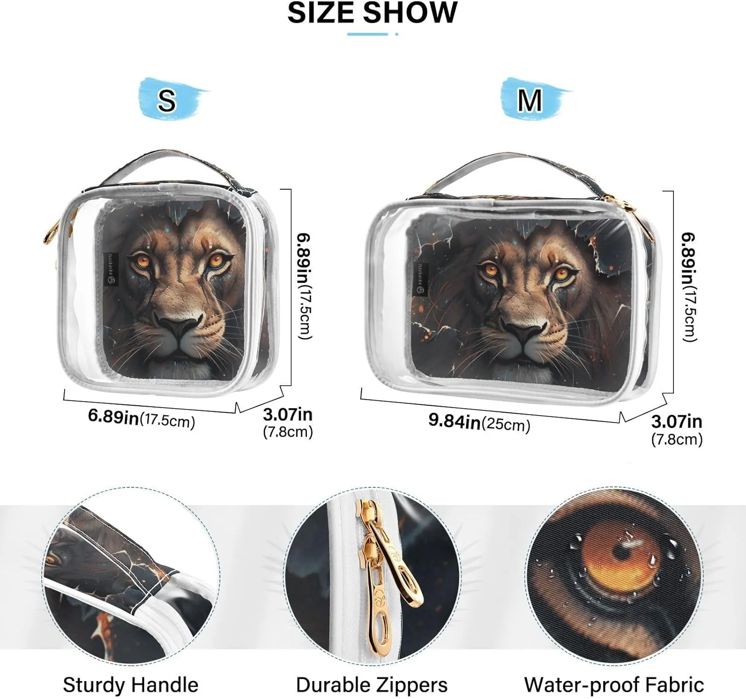 GAIGEO Ferocious Lion Behind Black Clear Toiletry Bag Set, Clear Cosmetic Bag with Handle, Toiletry Travel Bag for Women Clear, 2 Pack