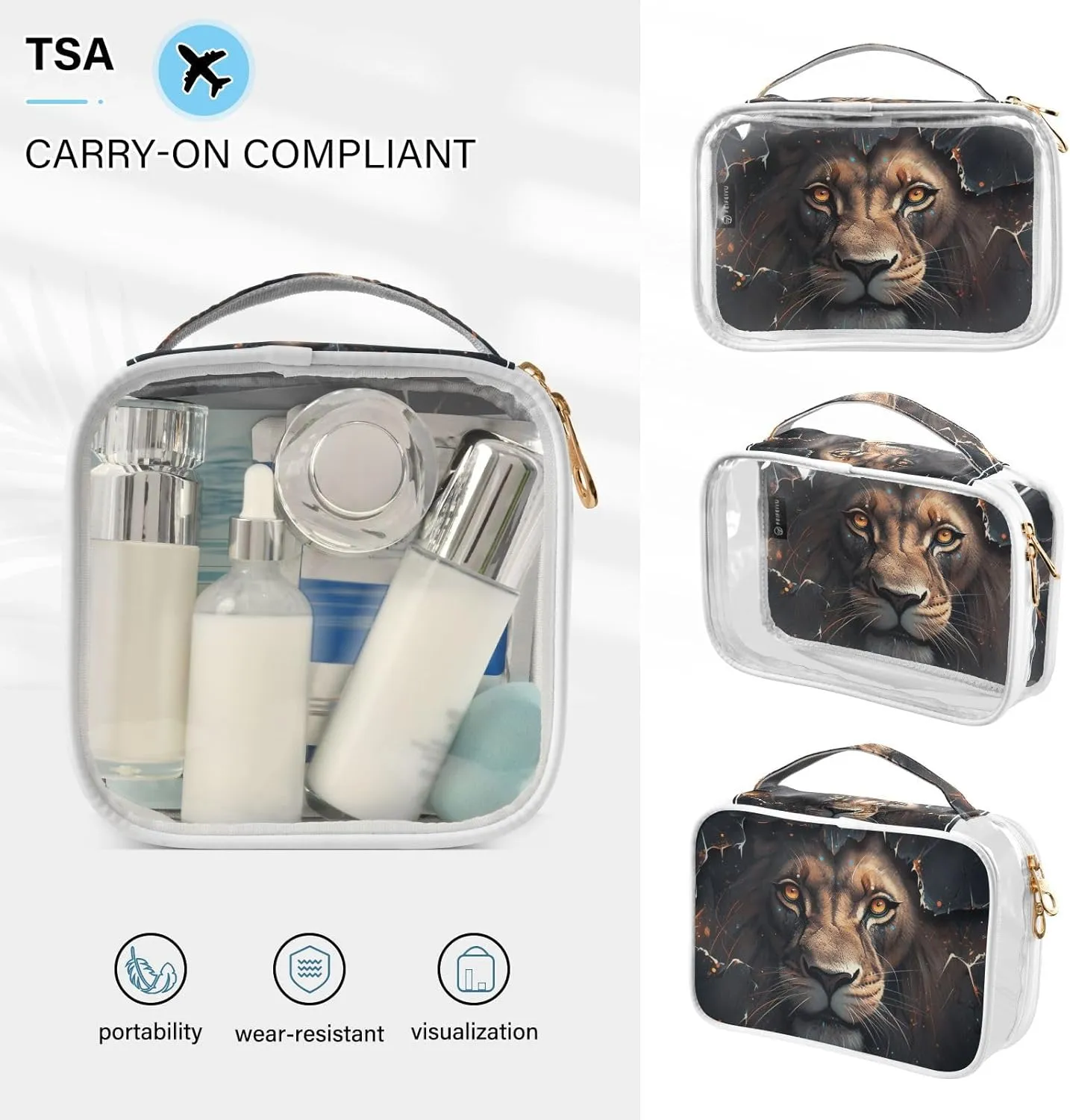 GAIGEO Ferocious Lion Behind Black Clear Toiletry Bag Set, Clear Cosmetic Bag with Handle, Toiletry Travel Bag for Women Clear, 2 Pack