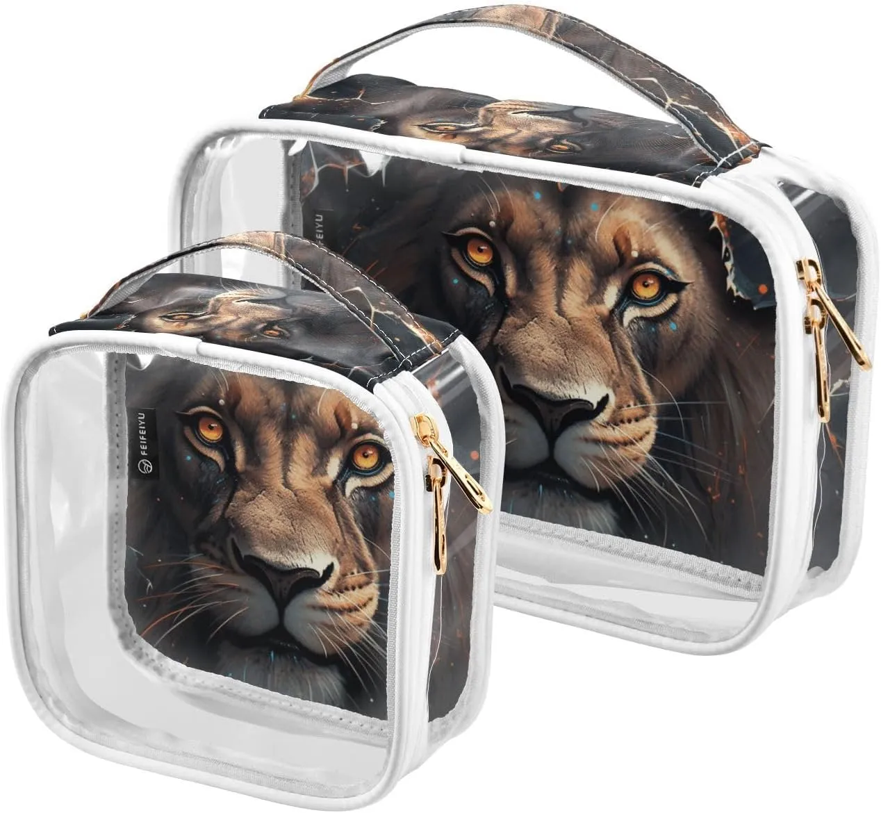 GAIGEO Ferocious Lion Behind Black Clear Toiletry Bag Set, Clear Cosmetic Bag with Handle, Toiletry Travel Bag for Women Clear, 2 Pack