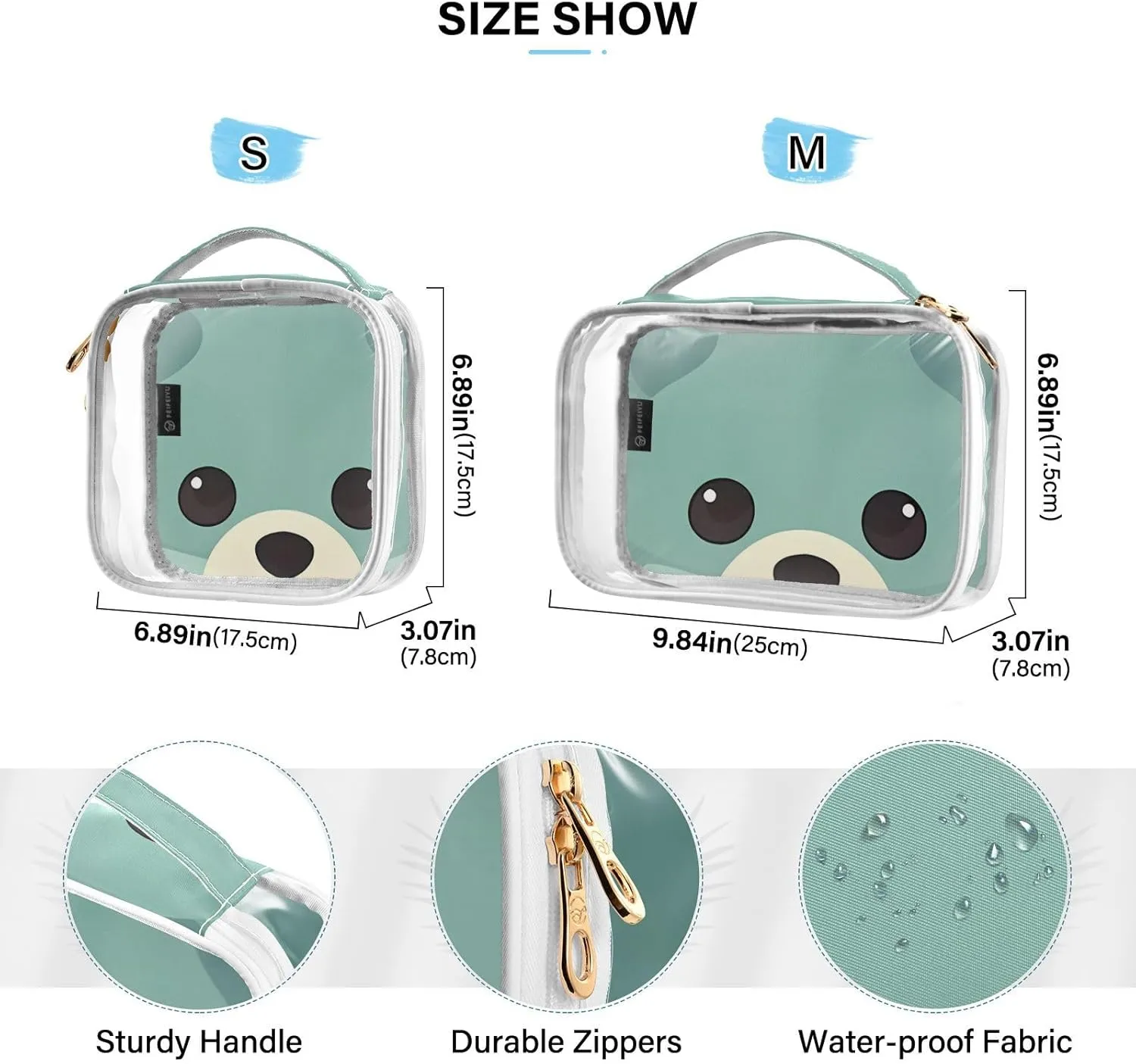 GAIGEO Green Cute Bear Clear Toiletry Bag Set, Clear Toiletry Bag, Travel Accessories Bags, 2 Pack