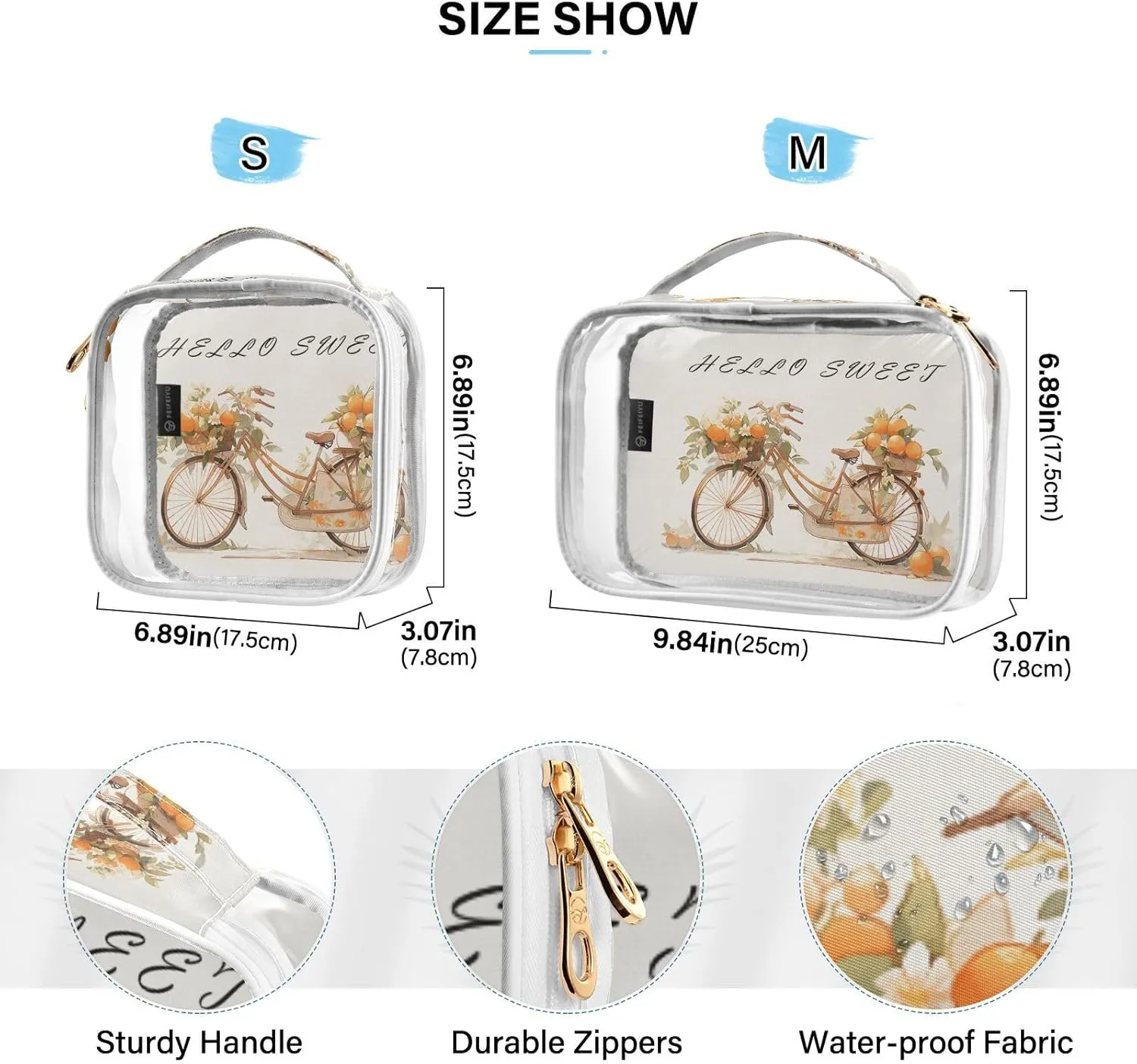 GAIGEO Hello Sweet Orange Bike 2 Pack Clear Makeup Bag Set, Clear Tolietries Bag, Toiletry Bag for Traveling