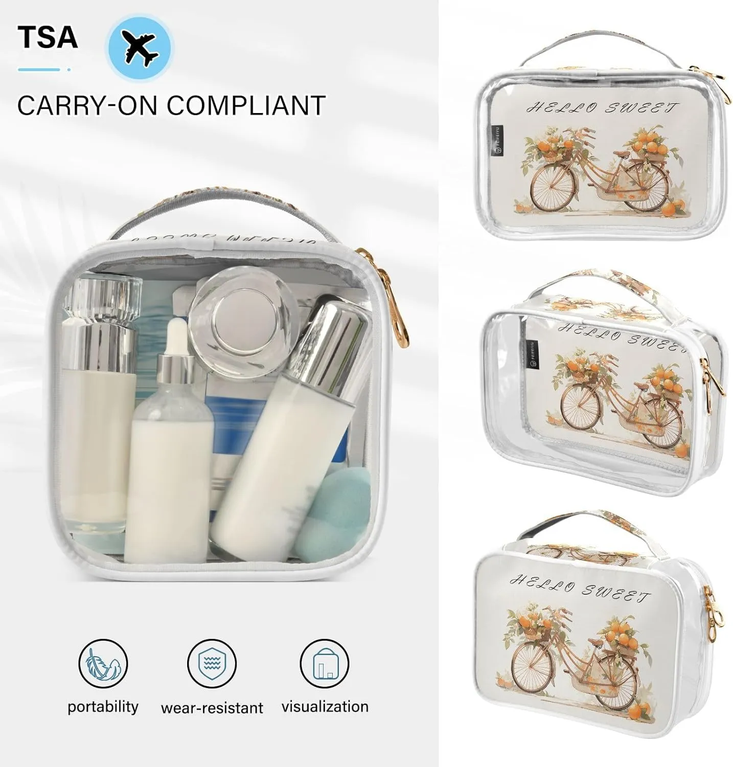 GAIGEO Hello Sweet Orange Bike 2 Pack Clear Makeup Bag Set, Clear Tolietries Bag, Toiletry Bag for Traveling