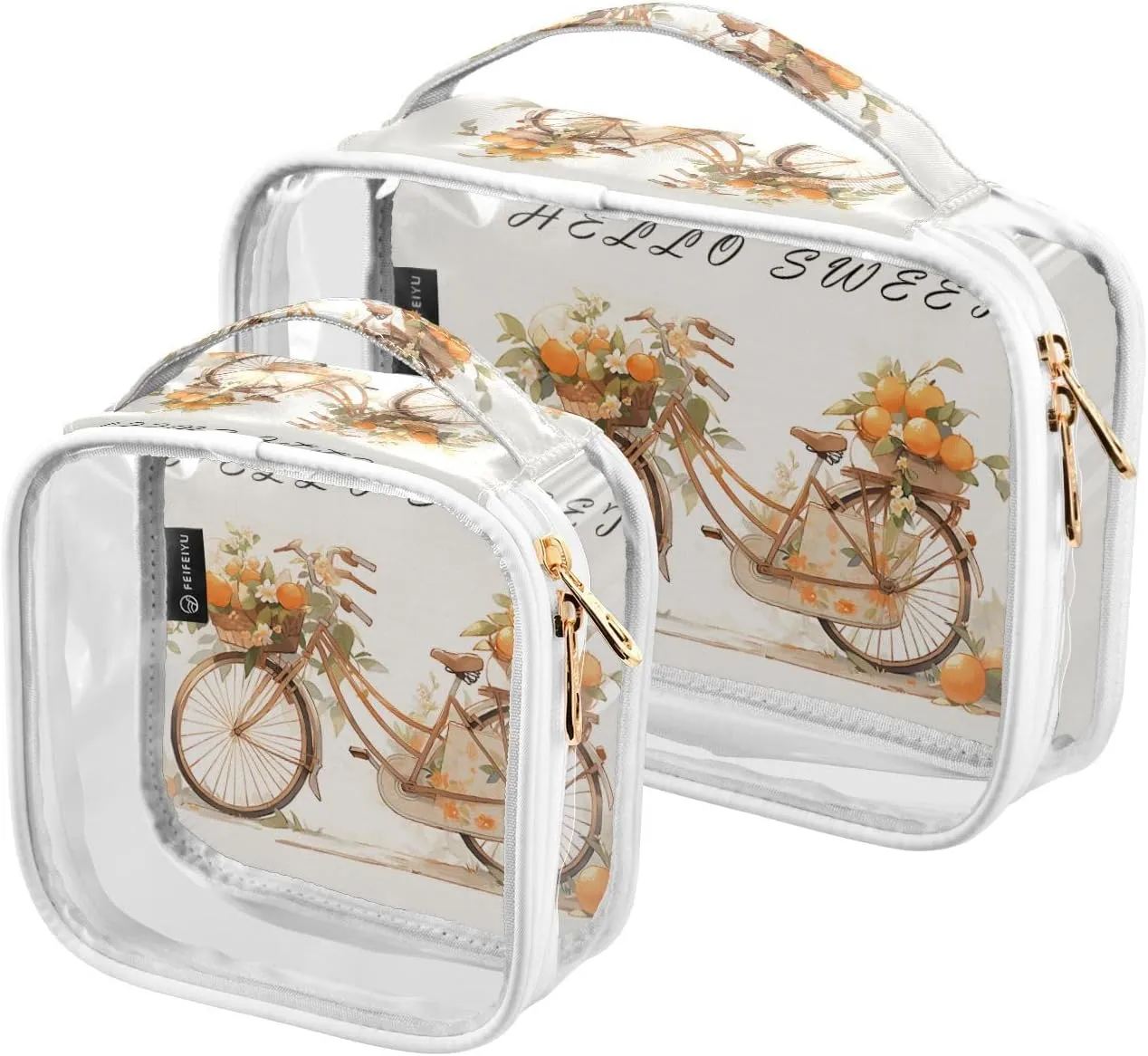 GAIGEO Hello Sweet Orange Bike 2 Pack Clear Makeup Bag Set, Clear Tolietries Bag, Toiletry Bag for Traveling