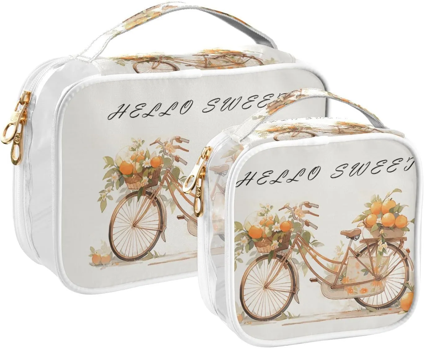 GAIGEO Hello Sweet Orange Bike 2 Pack Clear Makeup Bag Set, Clear Tolietries Bag, Toiletry Bag for Traveling