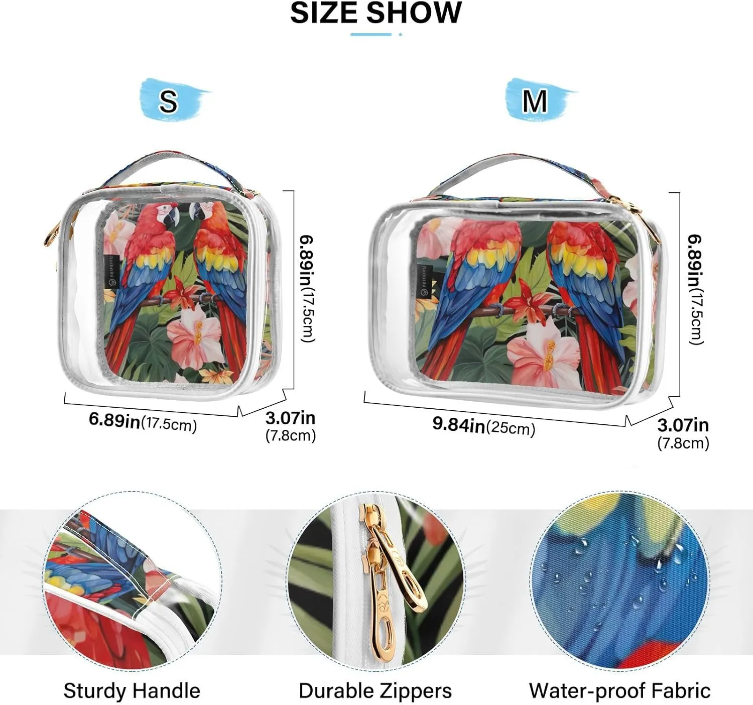 GAIGEO Parrots and Tropical Flowers Travel Transparent Bag, Clear Toiletry Bags with Zipper, Travel Accessories Bags, 2 Pack