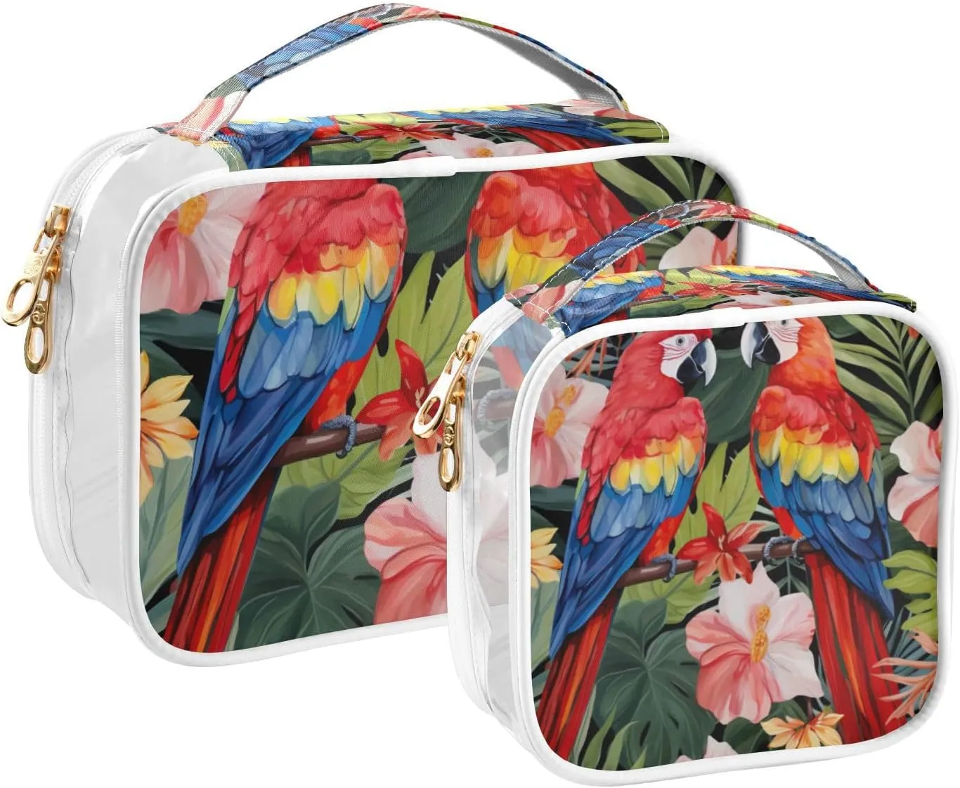 GAIGEO Parrots and Tropical Flowers Travel Transparent Bag, Clear Toiletry Bags with Zipper, Travel Accessories Bags, 2 Pack