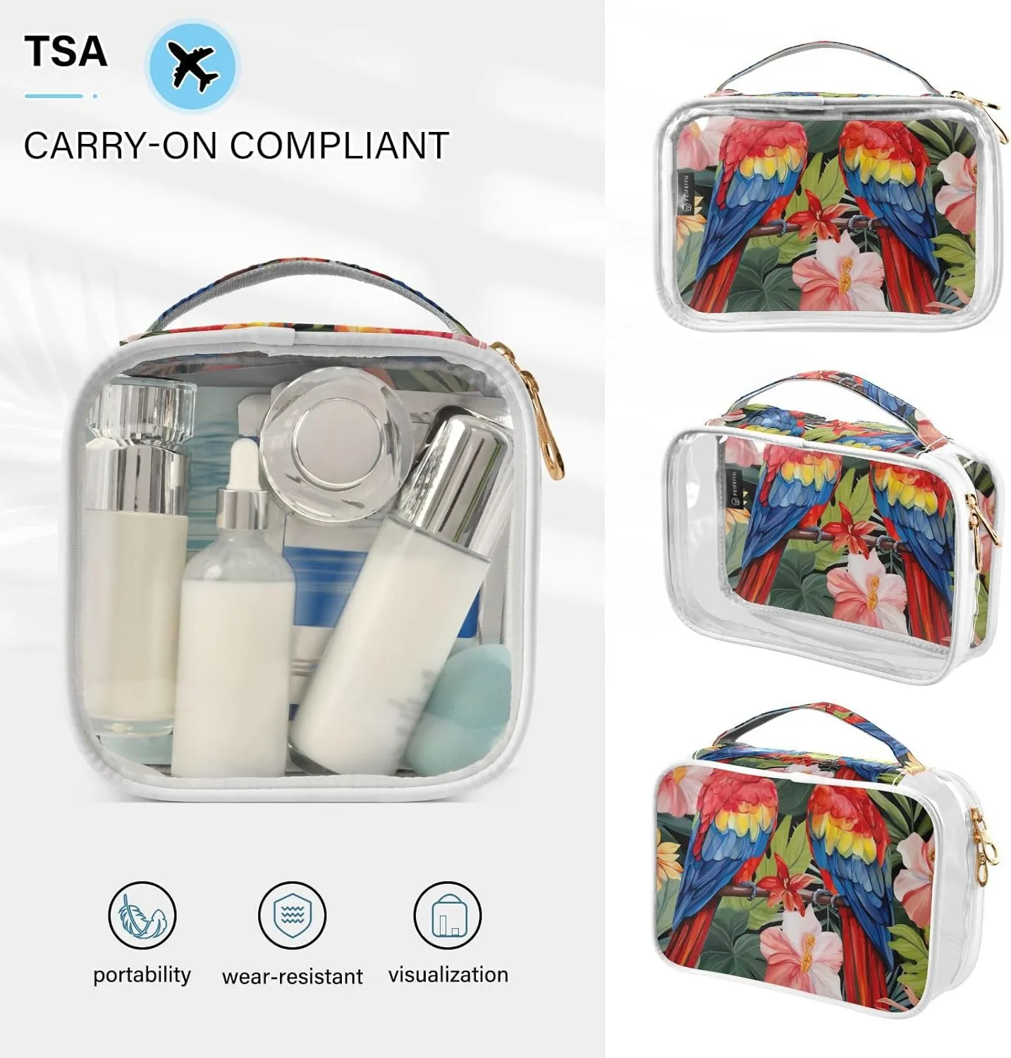 GAIGEO Parrots and Tropical Flowers Travel Transparent Bag, Clear Toiletry Bags with Zipper, Travel Accessories Bags, 2 Pack