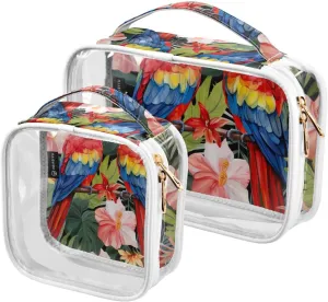GAIGEO Parrots and Tropical Flowers Travel Transparent Bag, Clear Toiletry Bags with Zipper, Travel Accessories Bags, 2 Pack