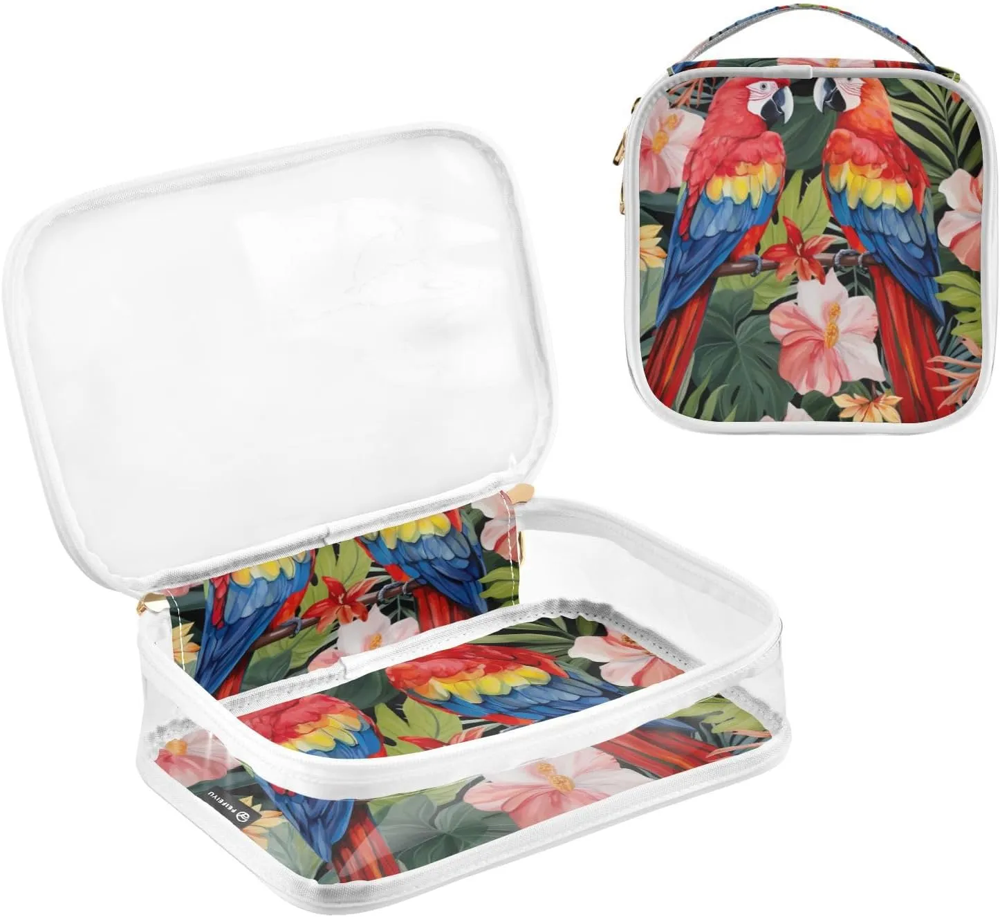 GAIGEO Parrots and Tropical Flowers Travel Transparent Bag, Clear Toiletry Bags with Zipper, Travel Accessories Bags, 2 Pack
