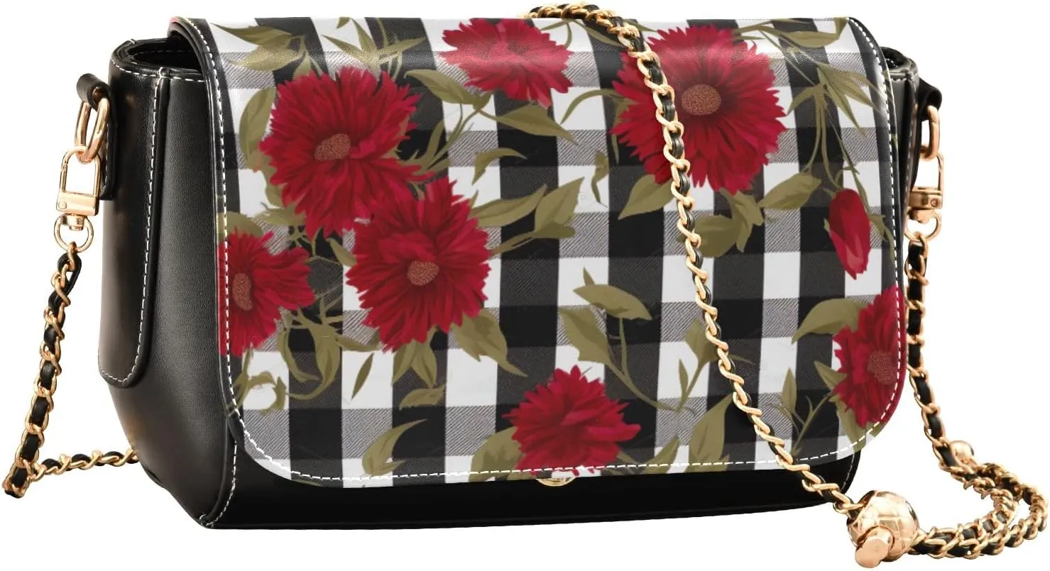 GAIGEO Red Pink Roses Print Leather Ladies Crossbody Bags, Leather Crossbody Bags for Women, Leather Shoulder Bag