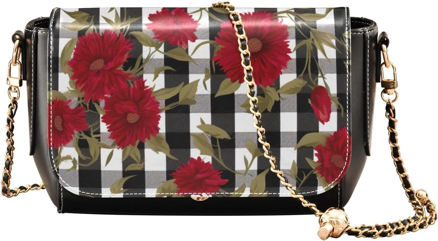 GAIGEO Red Pink Roses Print Leather Ladies Crossbody Bags, Leather Crossbody Bags for Women, Leather Shoulder Bag