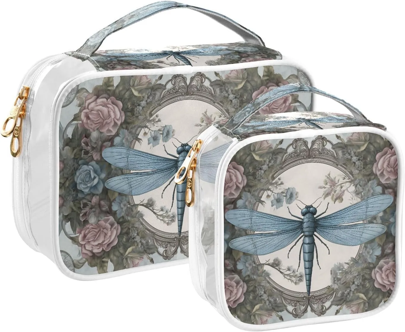 GAIGEO Vintage Rose Dragonfly Palace Carpet Clear Makeup Bag Set, Reusable Clear Travel Bags, Clear Make up Bags for Women, 2 Pack