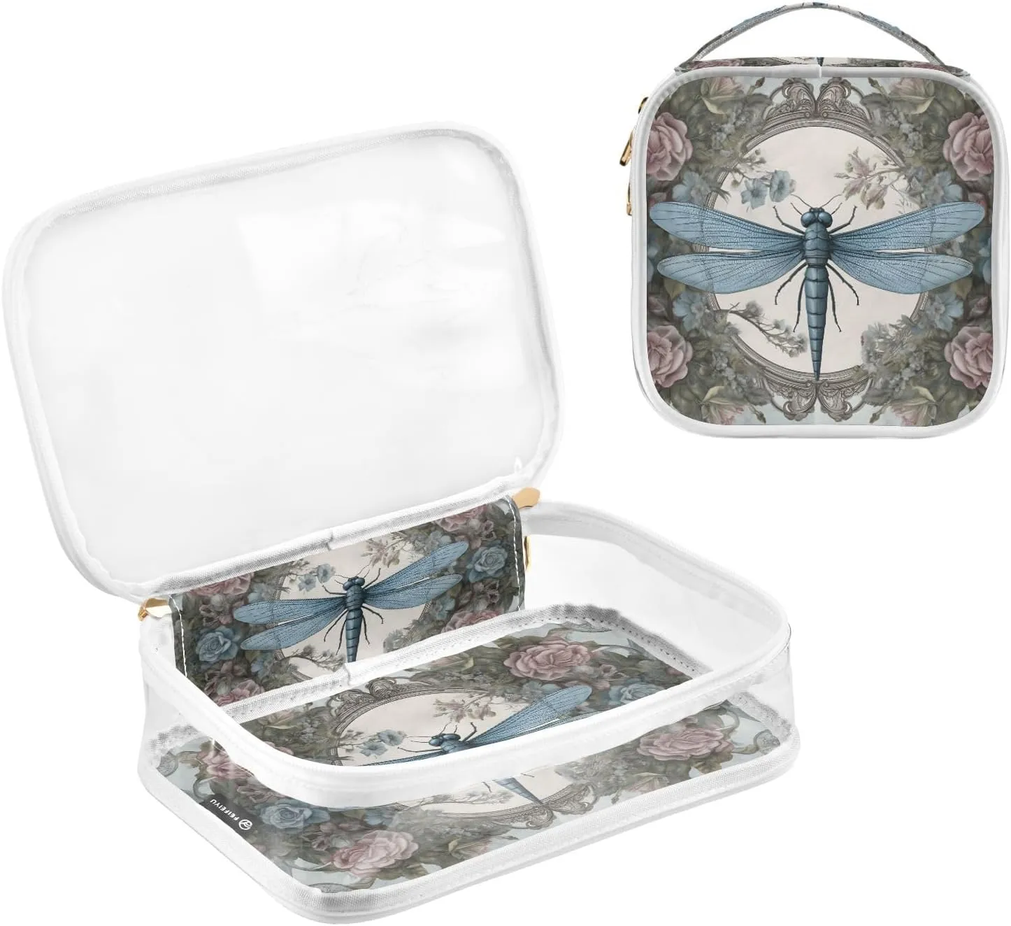 GAIGEO Vintage Rose Dragonfly Palace Carpet Clear Makeup Bag Set, Reusable Clear Travel Bags, Clear Make up Bags for Women, 2 Pack