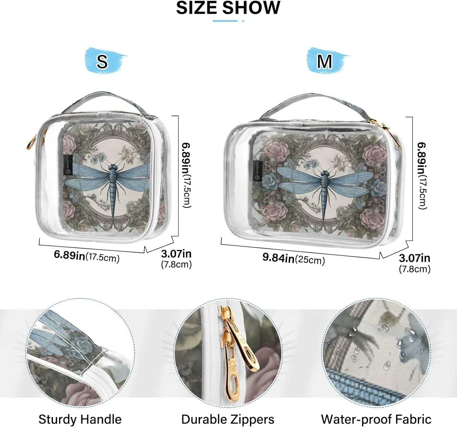 GAIGEO Vintage Rose Dragonfly Palace Carpet Clear Makeup Bag Set, Reusable Clear Travel Bags, Clear Make up Bags for Women, 2 Pack