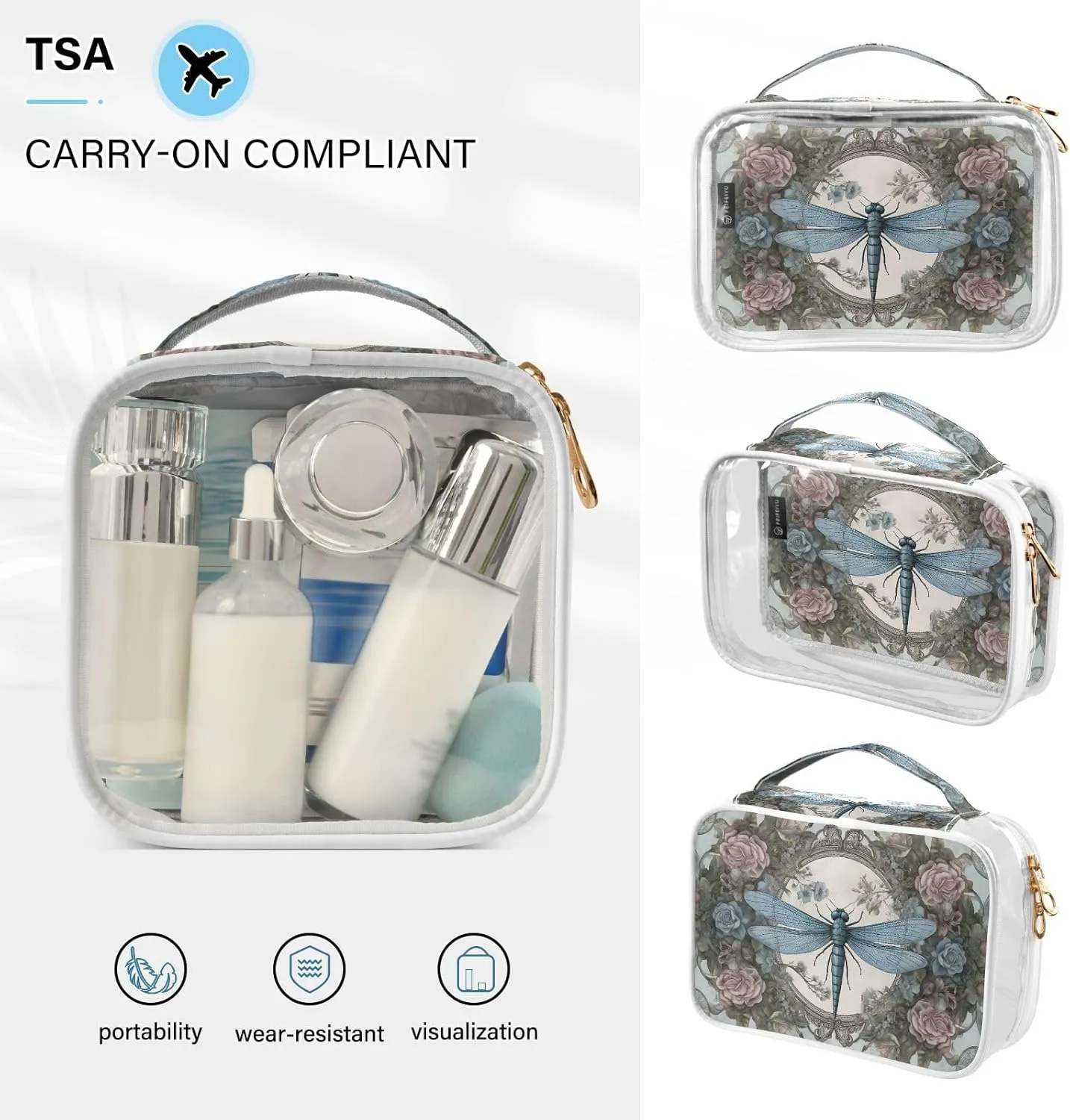 GAIGEO Vintage Rose Dragonfly Palace Carpet Clear Makeup Bag Set, Reusable Clear Travel Bags, Clear Make up Bags for Women, 2 Pack