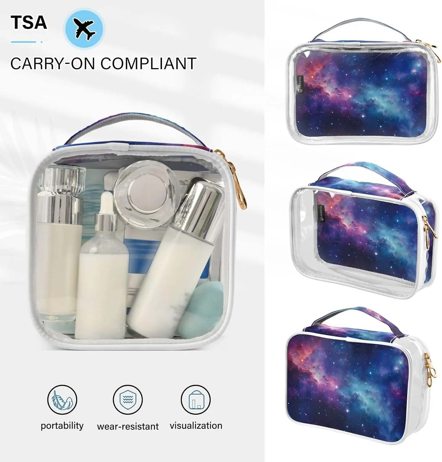 Galaxy 2 Pack Travel Transparent Bag, Clear Toiletry Makeup Bag, Clear Toiletries Bag for Travel