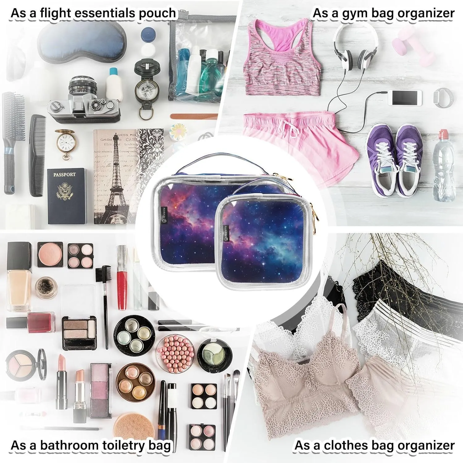 Galaxy 2 Pack Travel Transparent Bag, Clear Toiletry Makeup Bag, Clear Toiletries Bag for Travel