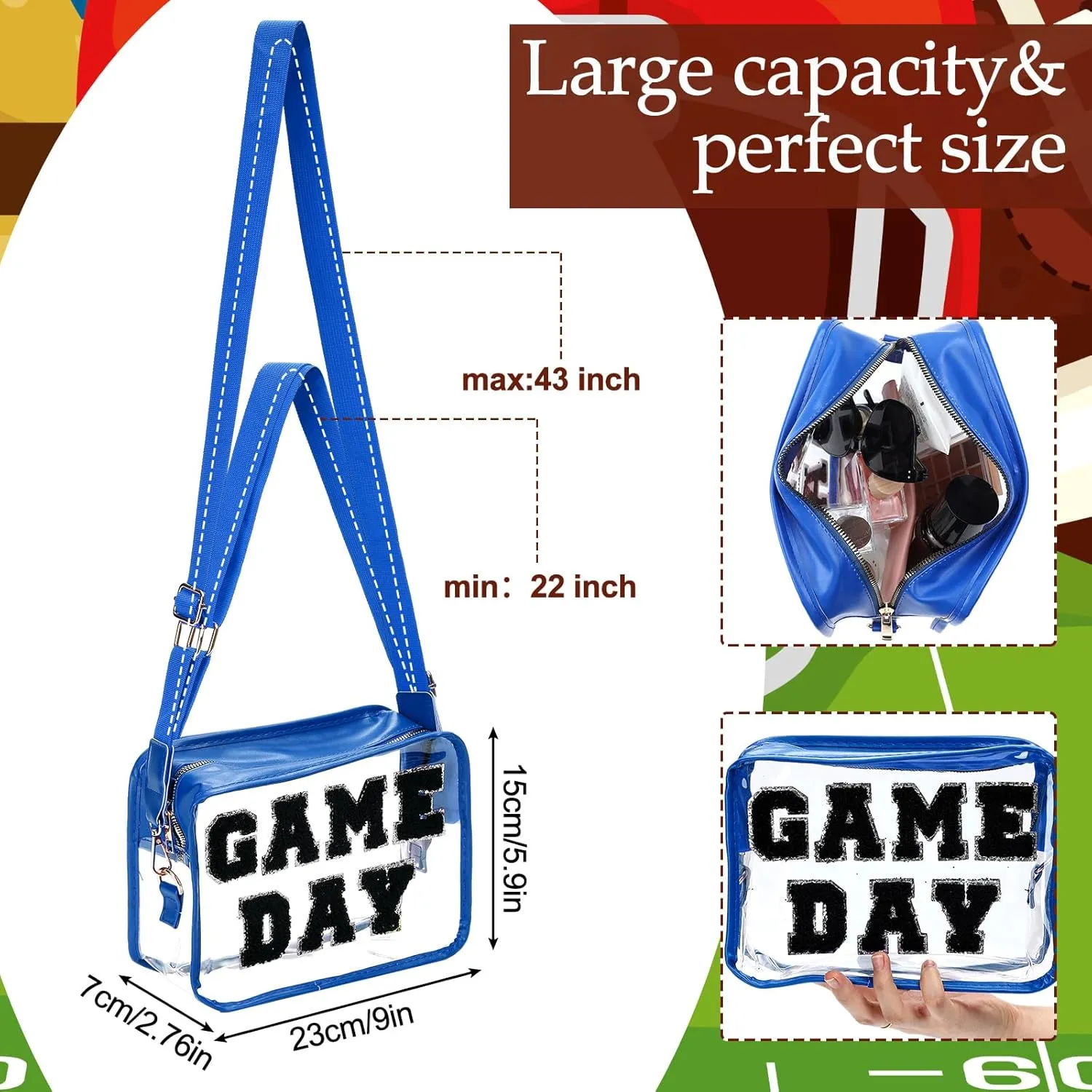 Game Day Clear Football Crossbody Bag Chenille Letter Purse Tote Gift Bag for Women Concert Sports Events