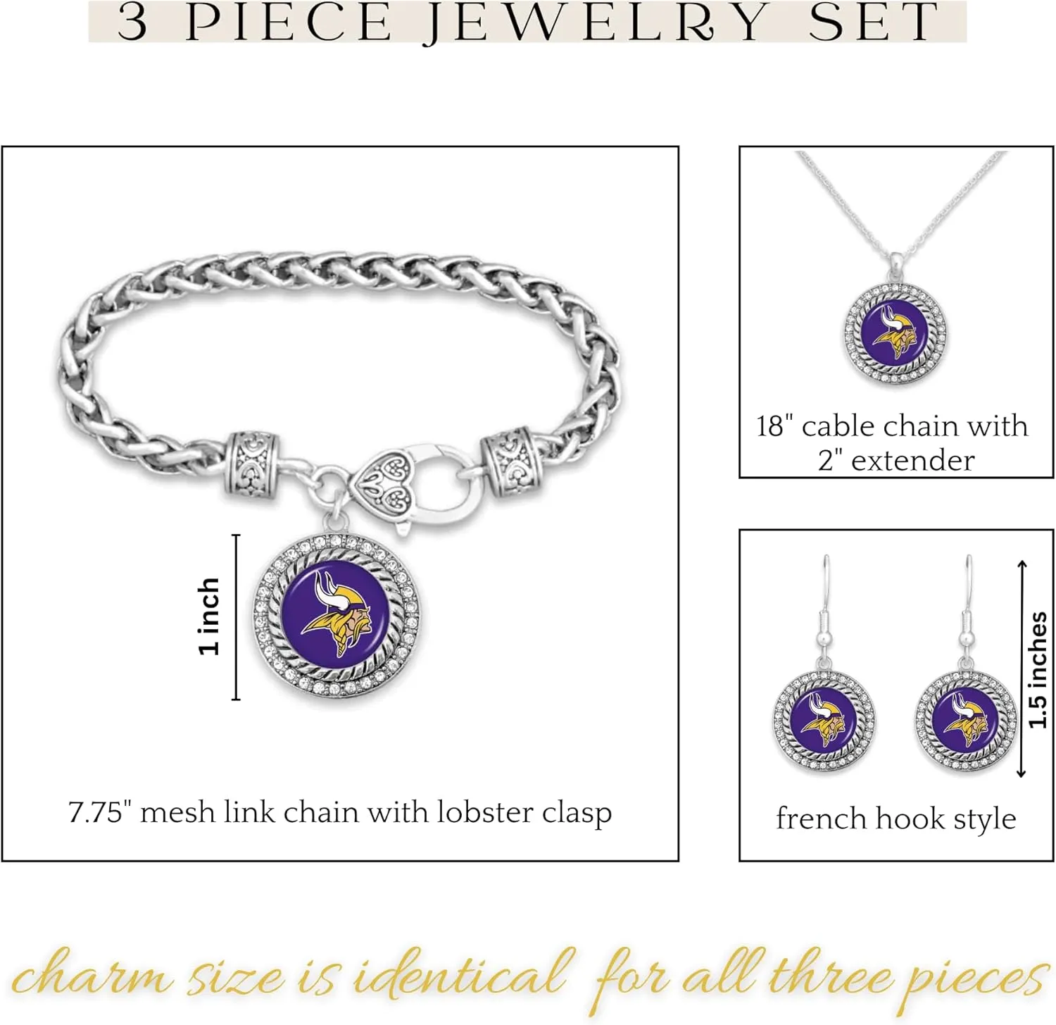 Game Day Outfitters NFL 3 Piece Jewelry Set- Necklace, Bracelet, and Earrings Collection- NFL Emblem Pendant with Bling Rhinestones- Ideal NFL Logo Gift Set for Women, Girlfriend, BFF