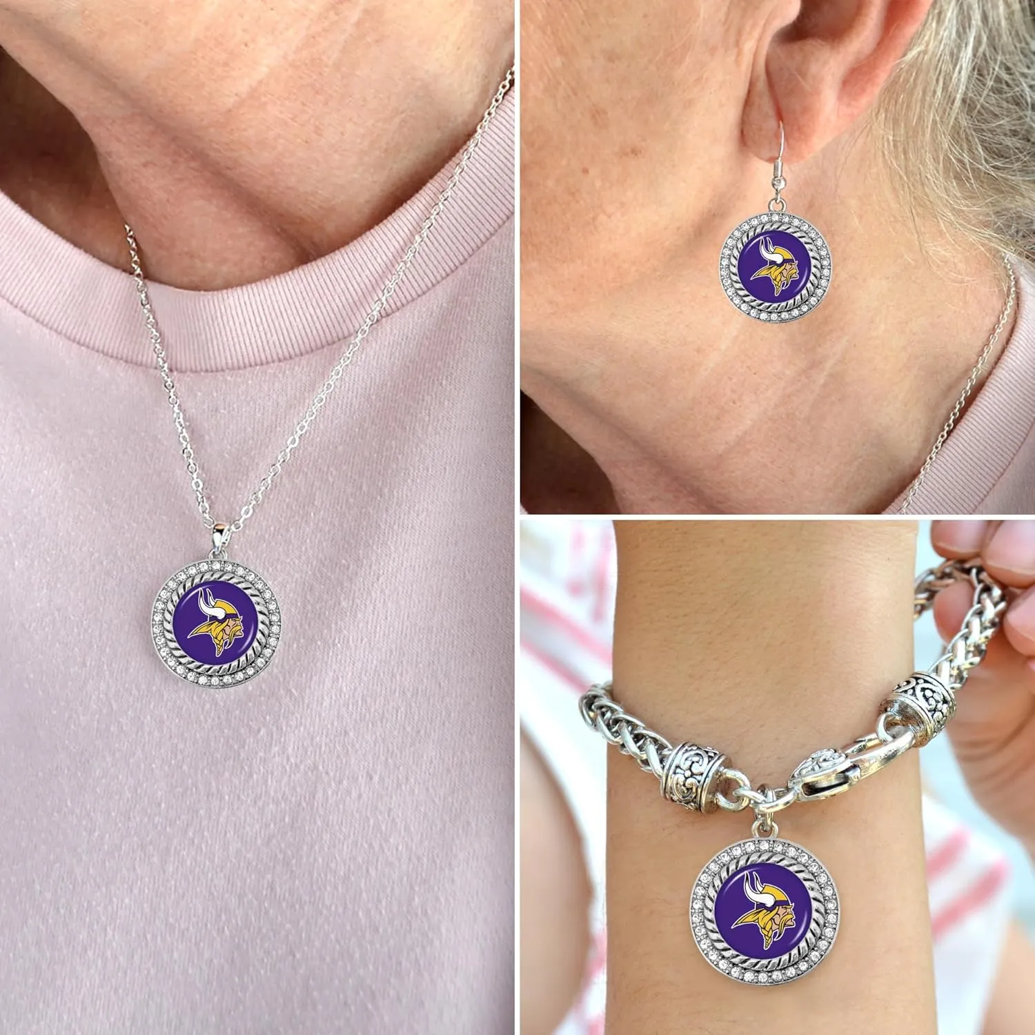 Game Day Outfitters NFL 3 Piece Jewelry Set- Necklace, Bracelet, and Earrings Collection- NFL Emblem Pendant with Bling Rhinestones- Ideal NFL Logo Gift Set for Women, Girlfriend, BFF