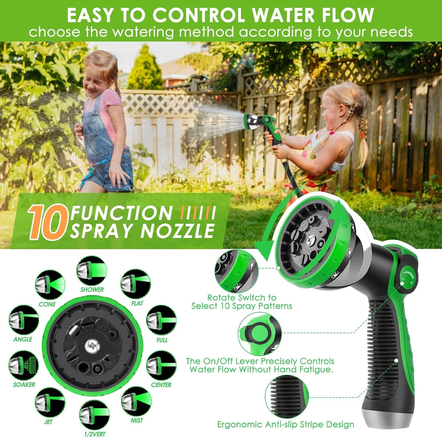 Garden Hose 50 ft, NON-EXPANDABLE Ultra Lightweight & Flexible Water Hose With 10-Pattern Spray Nozzle, Kink-Resistant, Leak-Proof, 3750D High-Density Fabric & Shut-Off Valve, Hose Straps