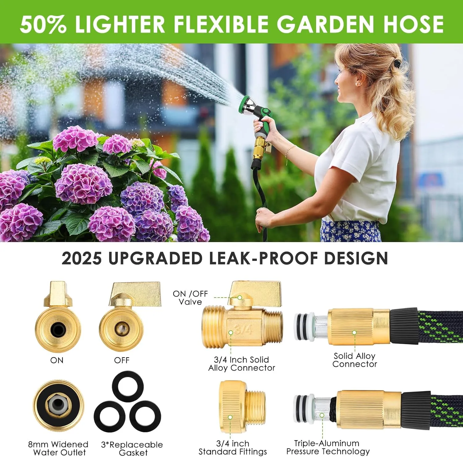 Garden Hose 50 ft, NON-EXPANDABLE Ultra Lightweight & Flexible Water Hose With 10-Pattern Spray Nozzle, Kink-Resistant, Leak-Proof, 3750D High-Density Fabric & Shut-Off Valve, Hose Straps