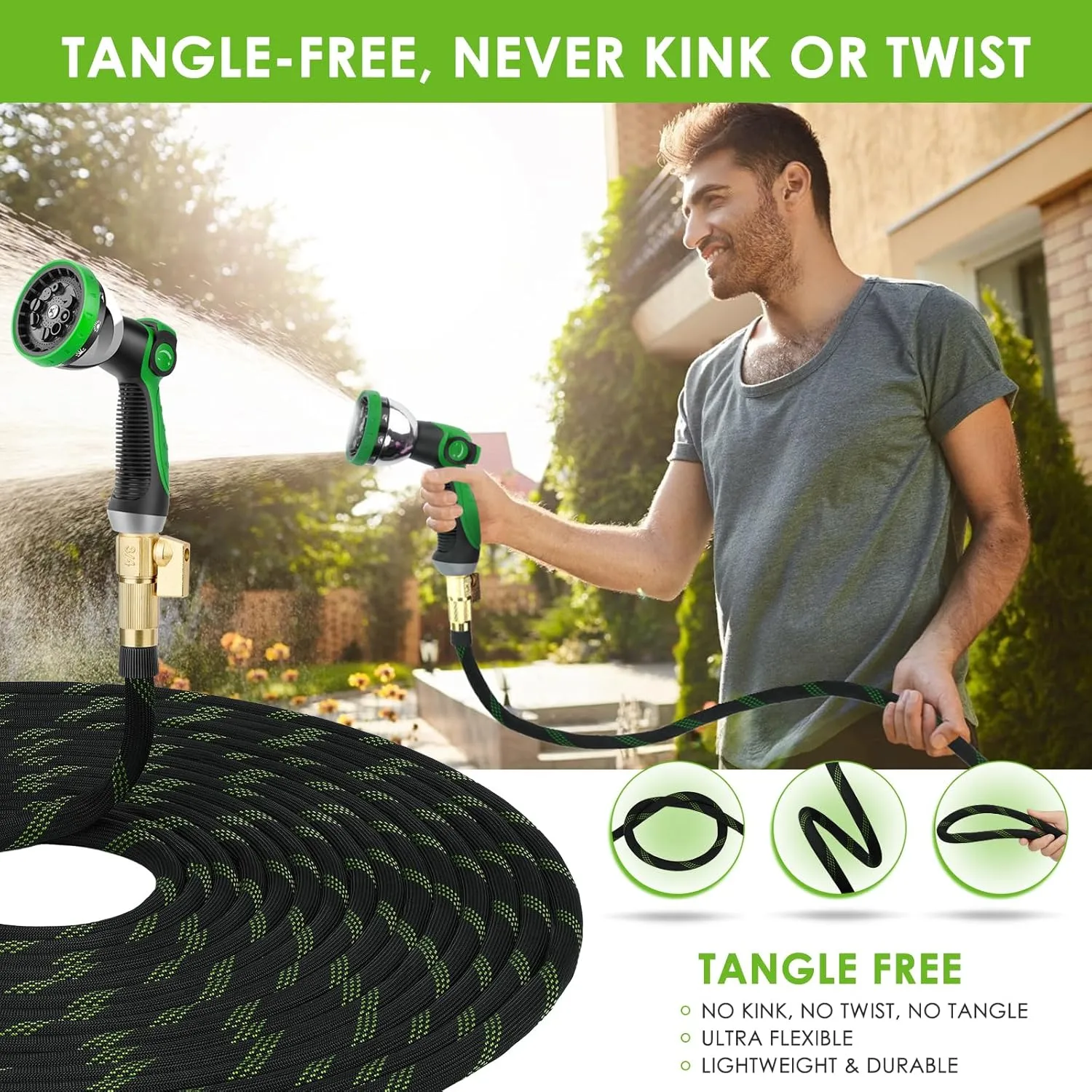 Garden Hose 50 ft, NON-EXPANDABLE Ultra Lightweight & Flexible Water Hose With 10-Pattern Spray Nozzle, Kink-Resistant, Leak-Proof, 3750D High-Density Fabric & Shut-Off Valve, Hose Straps