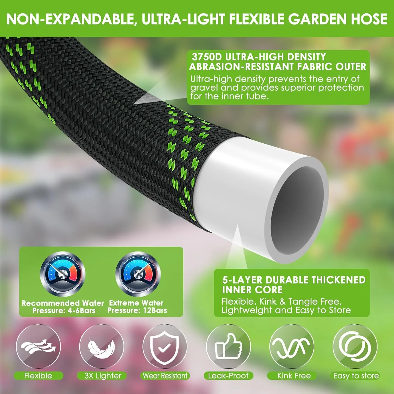 Garden Hose 50 ft, NON-EXPANDABLE Ultra Lightweight & Flexible Water Hose With 10-Pattern Spray Nozzle, Kink-Resistant, Leak-Proof, 3750D High-Density Fabric & Shut-Off Valve, Hose Straps