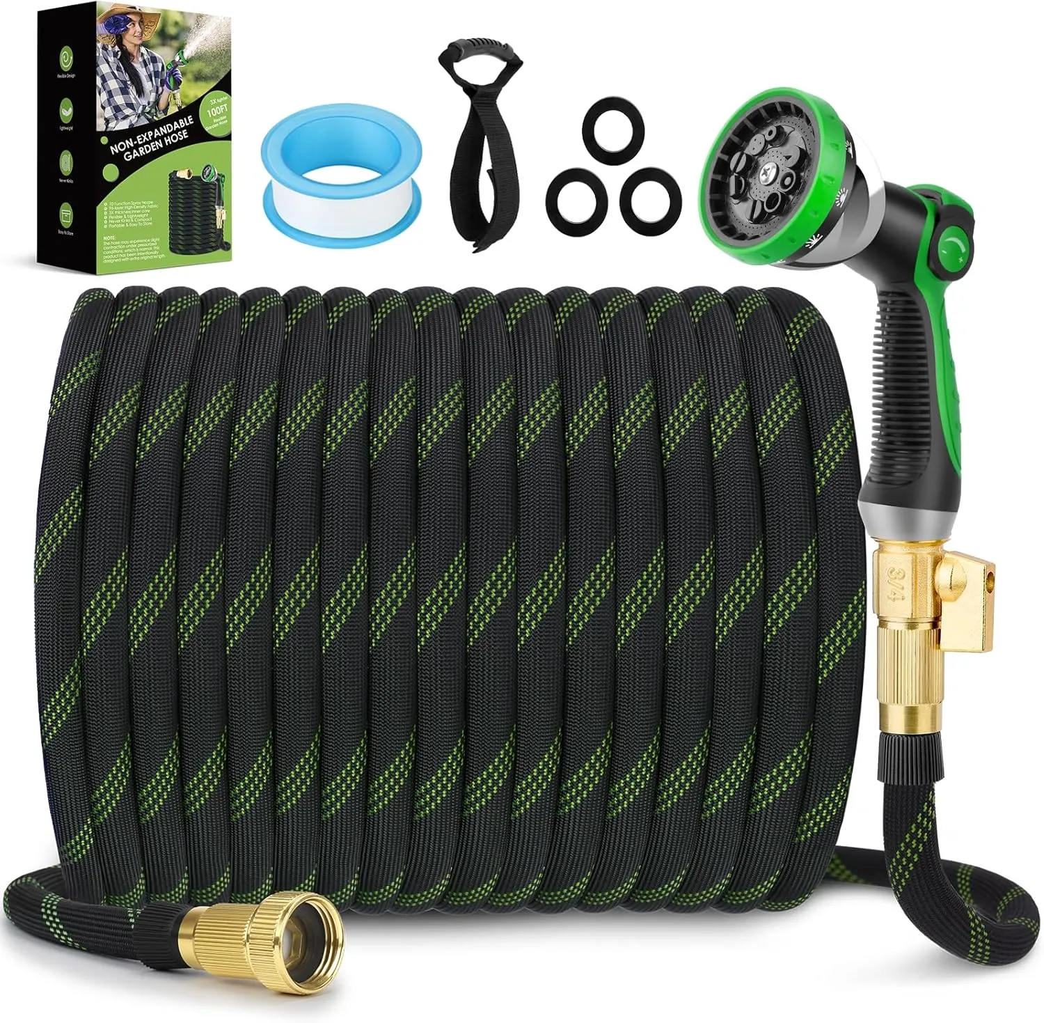 Garden Hose 50 ft, NON-EXPANDABLE Ultra Lightweight & Flexible Water Hose With 10-Pattern Spray Nozzle, Kink-Resistant, Leak-Proof, 3750D High-Density Fabric & Shut-Off Valve, Hose Straps
