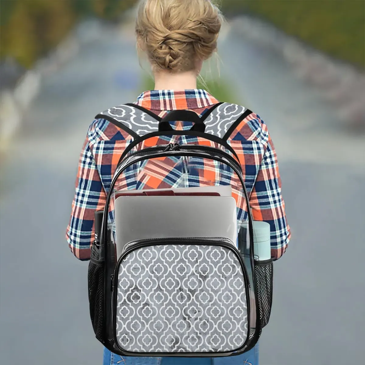 Geometric Texture Modern Clear Backpack Stadium Approved Heavy Duty Transparent Backpack for Women Men Large PVC See Through Bag for Sports Event Concert Festival Work Travel