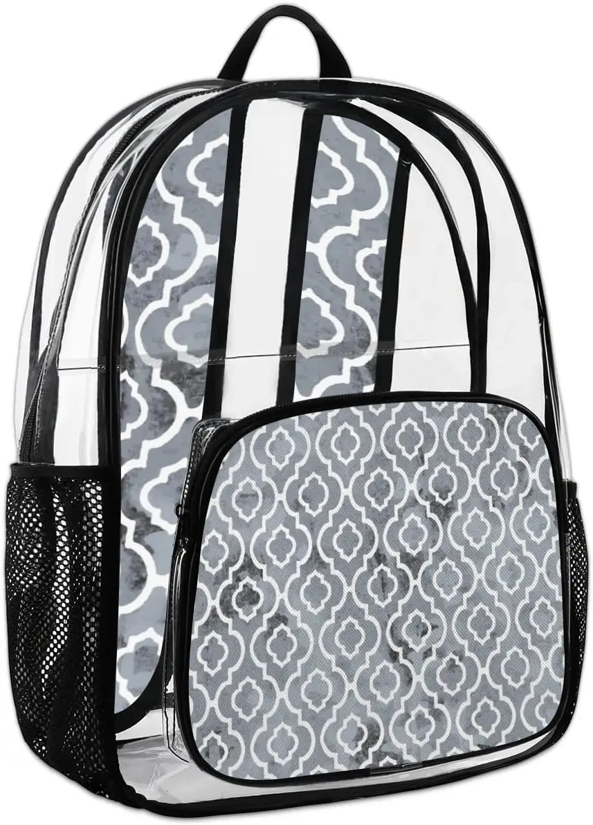 Geometric Texture Modern Clear Backpack Stadium Approved Heavy Duty Transparent Backpack for Women Men Large PVC See Through Bag for Sports Event Concert Festival Work Travel