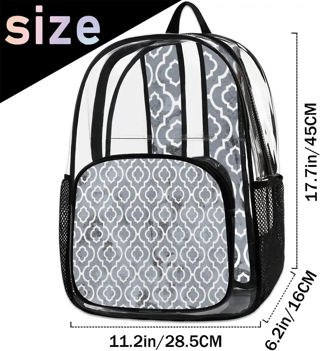 Geometric Texture Modern Clear Backpack Stadium Approved Heavy Duty Transparent Backpack for Women Men Large PVC See Through Bag for Sports Event Concert Festival Work Travel