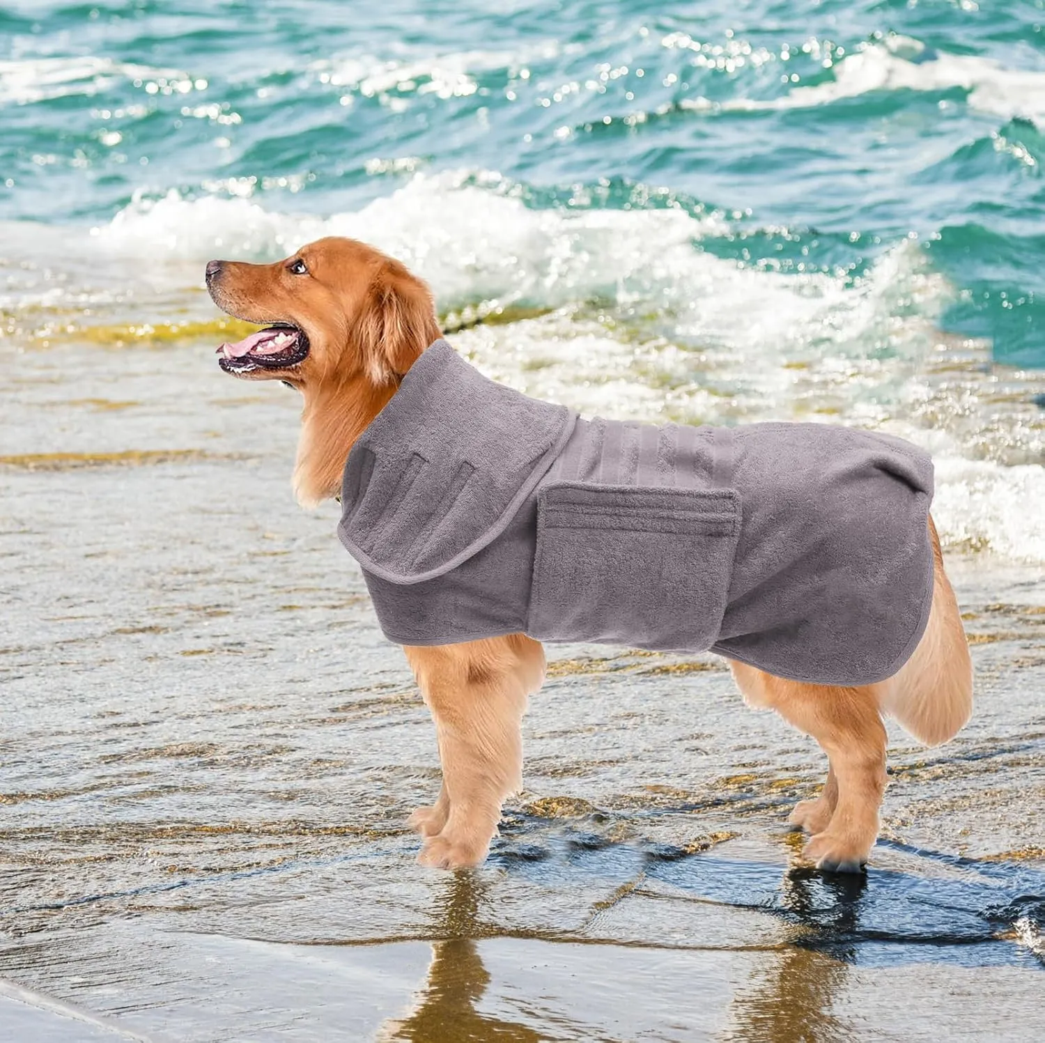 Geyecete Dog Drying Coat -Dry Fast Dog Bag - Dog Bathrobe Towel - Microfibre Fast Drying Super Absorbent Pet Dog Cat Bath Robe Towel,Luxuriously Soft-Gray-M, Medium