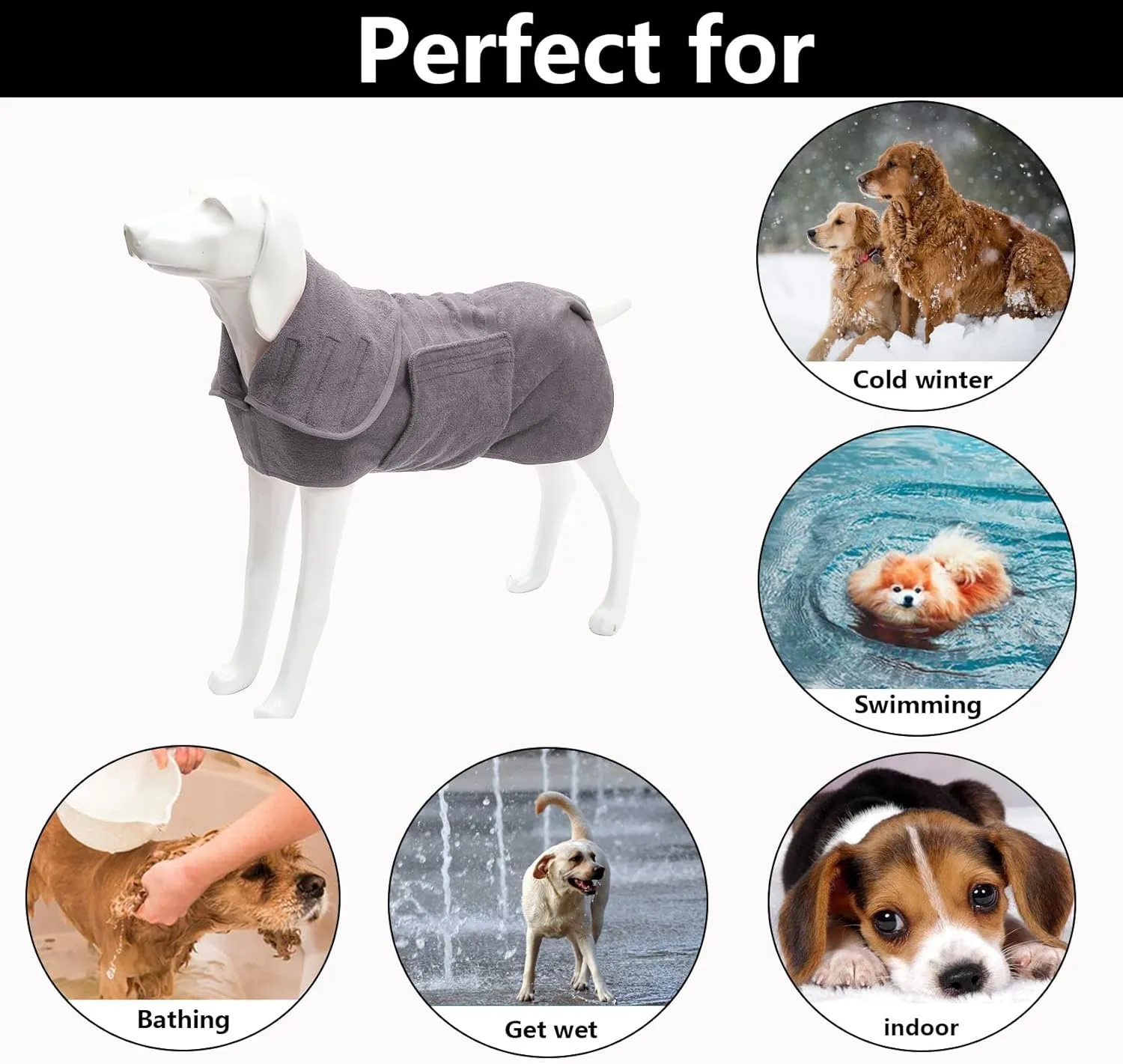 Geyecete Dog Drying Coat -Dry Fast Dog Bag - Dog Bathrobe Towel - Microfibre Fast Drying Super Absorbent Pet Dog Cat Bath Robe Towel,Luxuriously Soft-Gray-M, Medium