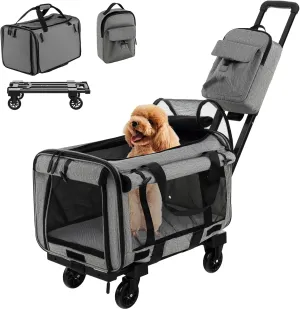 Giantex Cat Carrier with Wheels, Large Rolling Cat Dog Carrier with Dual-use Pads, Telescopic Handle, Carry Strap & Litter Bag, Collapsible Pet Travel Crate for Small & Medium Sized Pets (Grey)