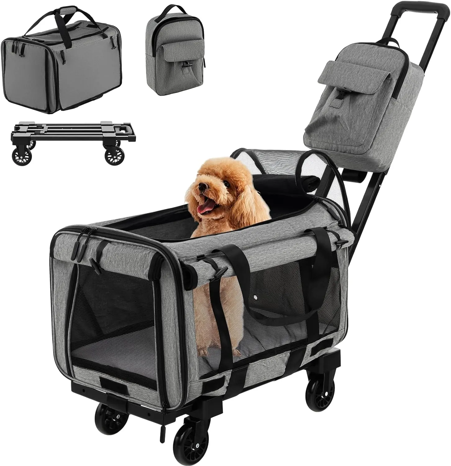 Giantex Cat Carrier with Wheels, Large Rolling Cat Dog Carrier with Dual-use Pads, Telescopic Handle, Carry Strap & Litter Bag, Collapsible Pet Travel Crate for Small & Medium Sized Pets (Grey)