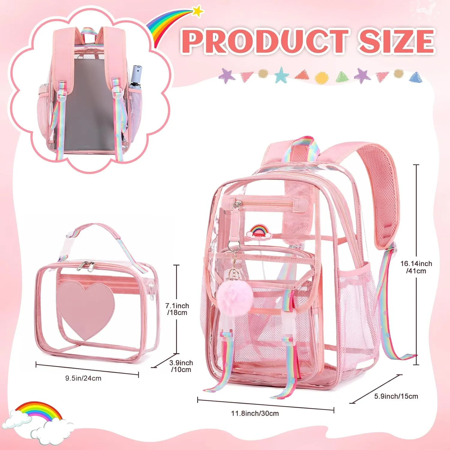 Girls Clear Backpack with Lunch Bag, Rainbow Cute Clear Bookbag Heavy Duty Stadium Approved Transparent See Through Backpack for Kids Elementary Middle High School Sport Travel Pink