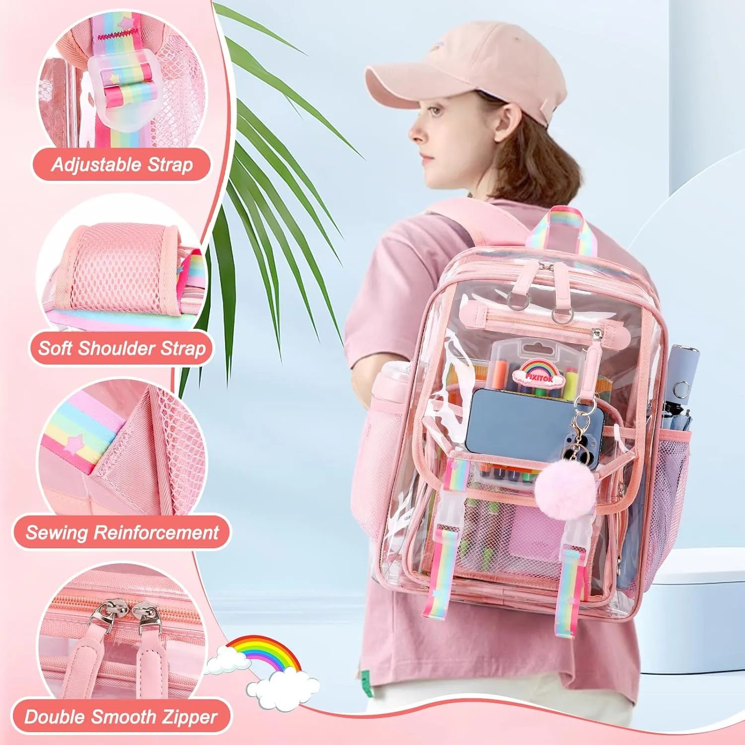 Girls Clear Backpack with Lunch Bag, Rainbow Cute Clear Bookbag Heavy Duty Stadium Approved Transparent See Through Backpack for Kids Elementary Middle High School Sport Travel Pink
