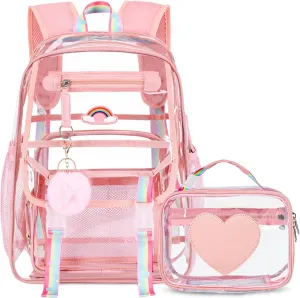 Girls Clear Backpack with Lunch Bag, Rainbow Cute Clear Bookbag Heavy Duty Stadium Approved Transparent See Through Backpack for Kids Elementary Middle High School Sport Travel Pink