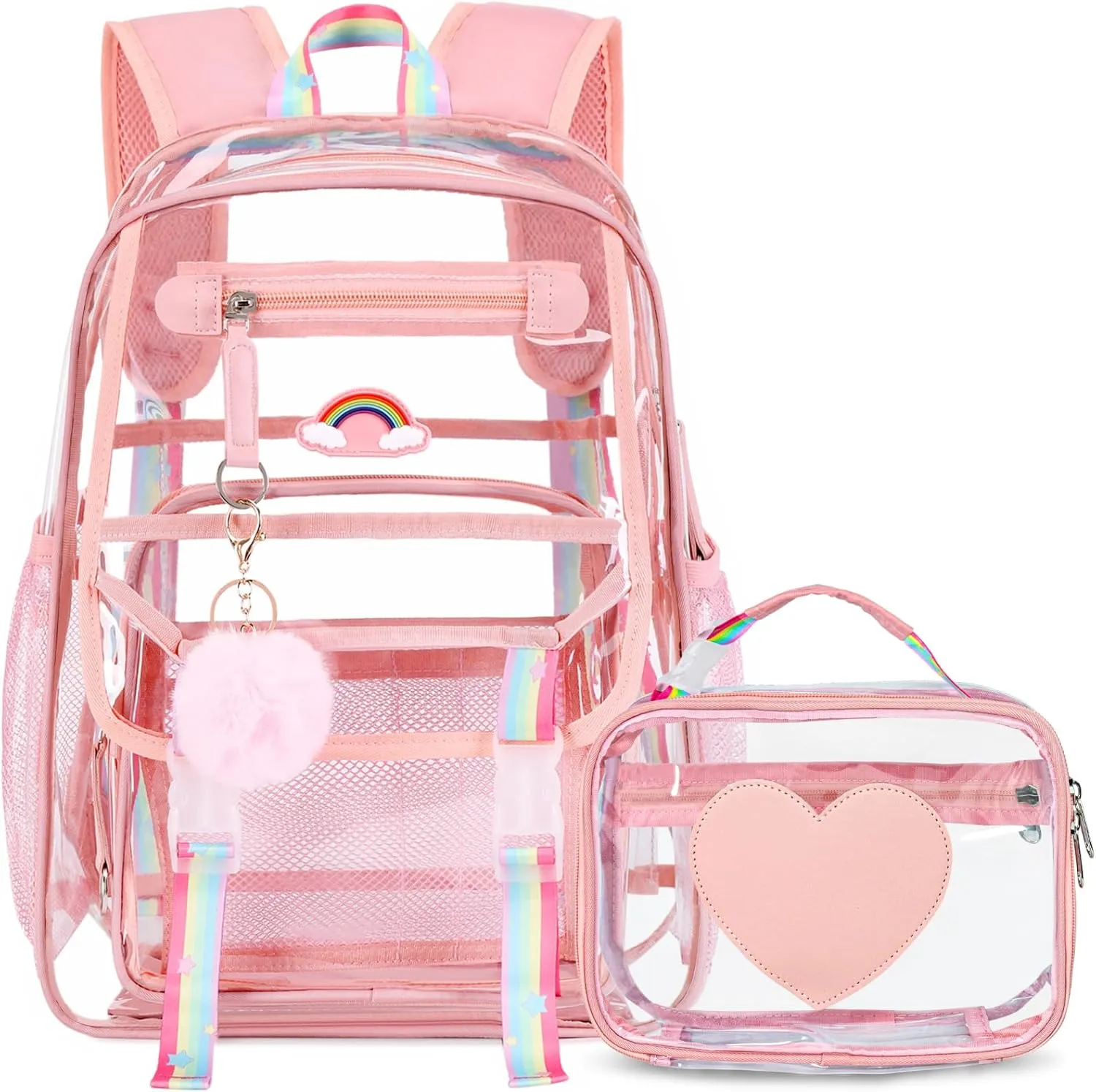 Girls Clear Backpack with Lunch Bag, Rainbow Cute Clear Bookbag Heavy Duty Stadium Approved Transparent See Through Backpack for Kids Elementary Middle High School Sport Travel Pink