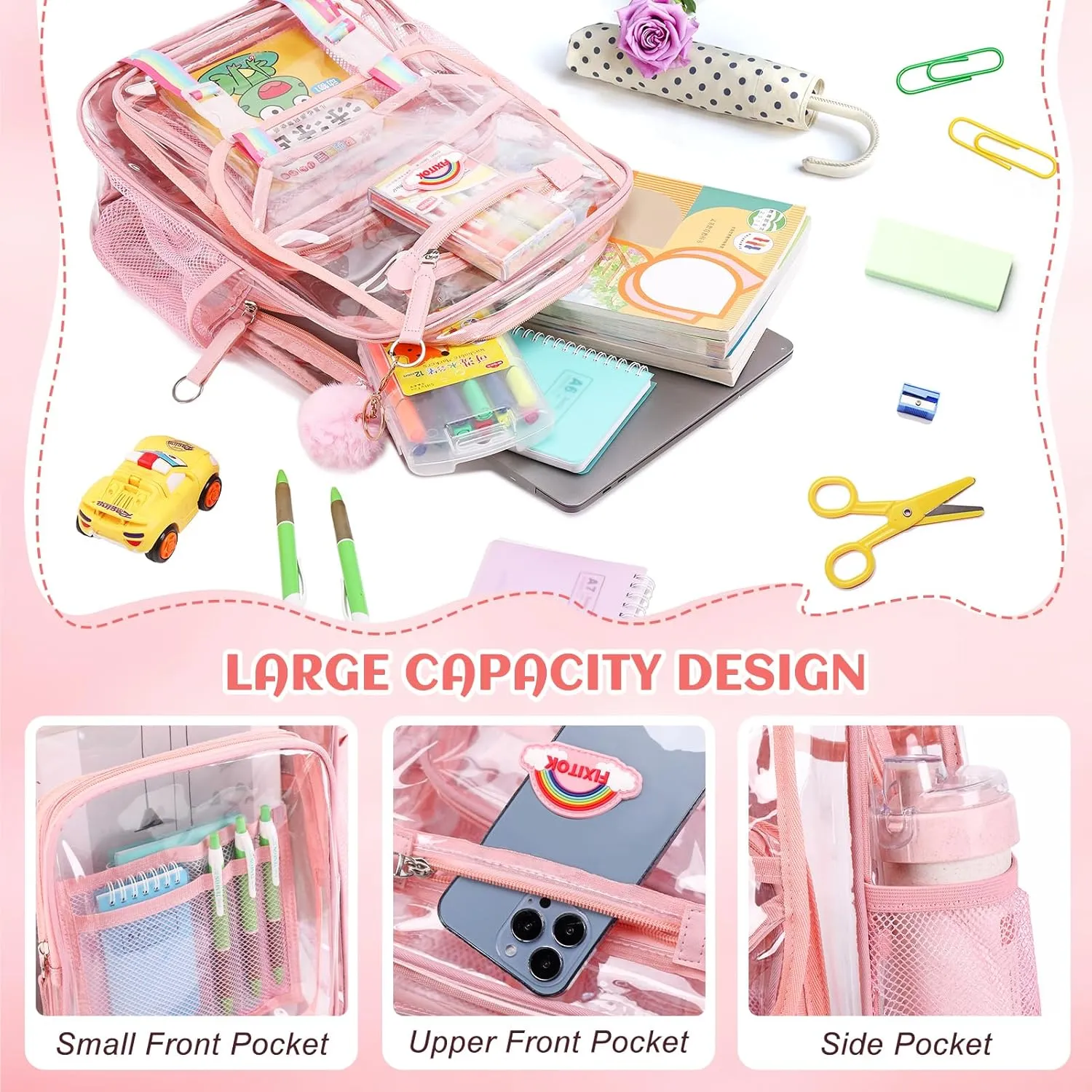 Girls Clear Backpack with Lunch Bag, Rainbow Cute Clear Bookbag Heavy Duty Stadium Approved Transparent See Through Backpack for Kids Elementary Middle High School Sport Travel Pink