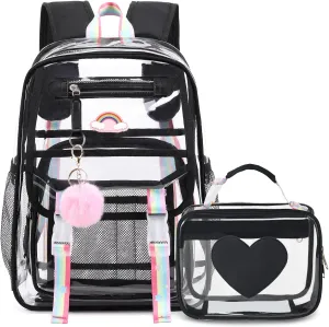 Girls Clear Backpack with Lunch Bag, Rainbow Cute Clear Bookbag Heavy Duty Stadium Approved Transparent See Through Backpack for Kids Middle High College School Sport Travel Black